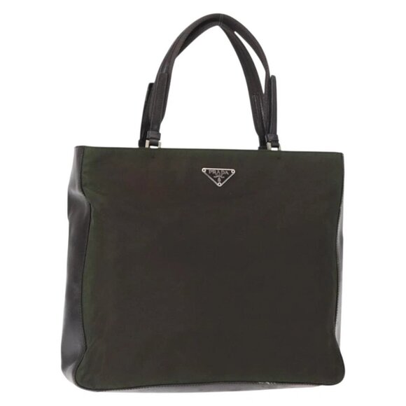 PRADA Hand Bag Nylon Khaki Silver Auth 151570